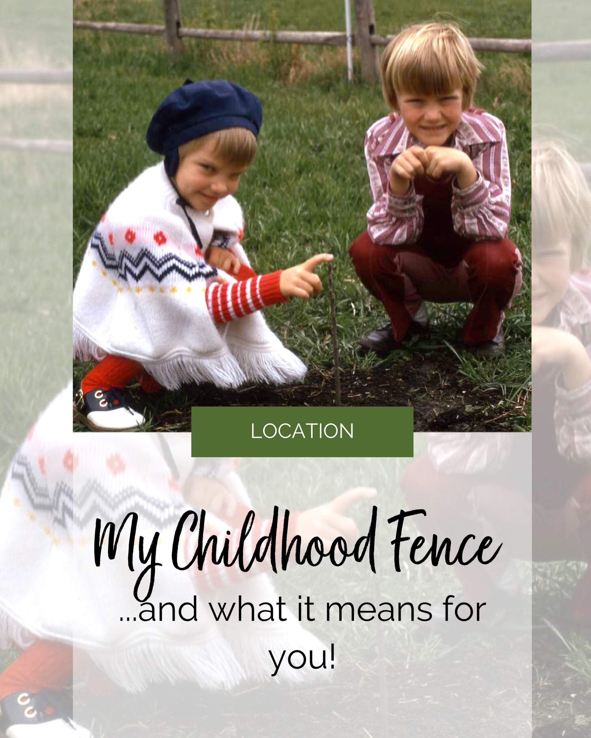 small girl and boy outside squating down with an old wooden fence in the background