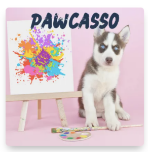 a small dog with an easel and paintbrush